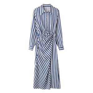 Front Pleated Striped Blue Dress