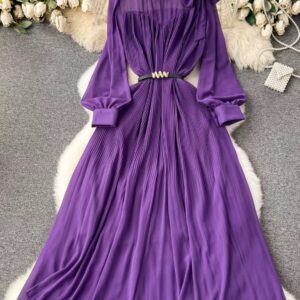 Pleated Bow Collar Dress (One Size ) Violet