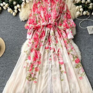 Floral Printed Dress With Lantern Sleeves Pink
